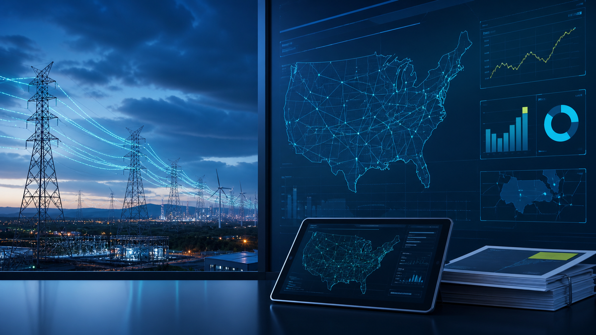 Deep-navy grid operations visual for DOE, FERC, Grid Planning, Grid Pulse