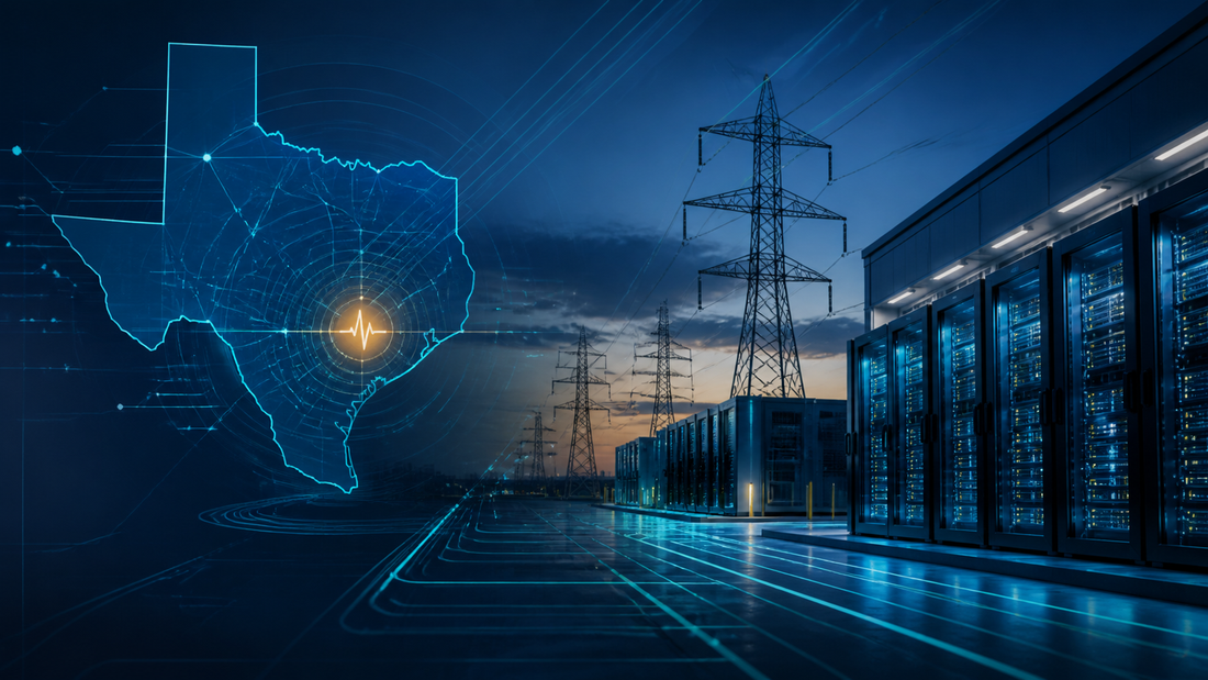 Deep-navy grid operations visual for Data Centers, ERCOT, Grid Pulse, Interconnection