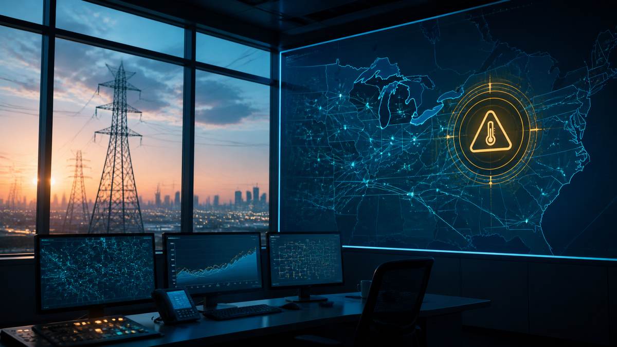 Deep-navy grid operations visual for Grid Operations, Grid Pulse, Hot Weather Alert, Peak Demand