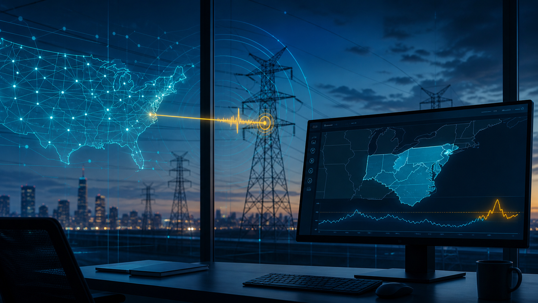 Deep-navy grid operations visual for DOE, Emergency Order, Grid Operations, Grid Pulse