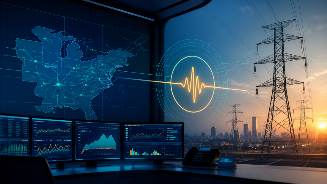 Deep-navy grid operations visual for Capacity, Demand Response, Grid Operations, Grid Pulse