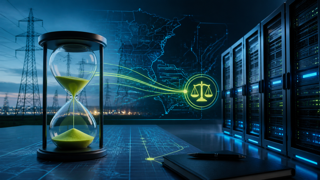 Deep-navy grid operations visual for Compliance, Data Centers, FERC, Grid Pulse