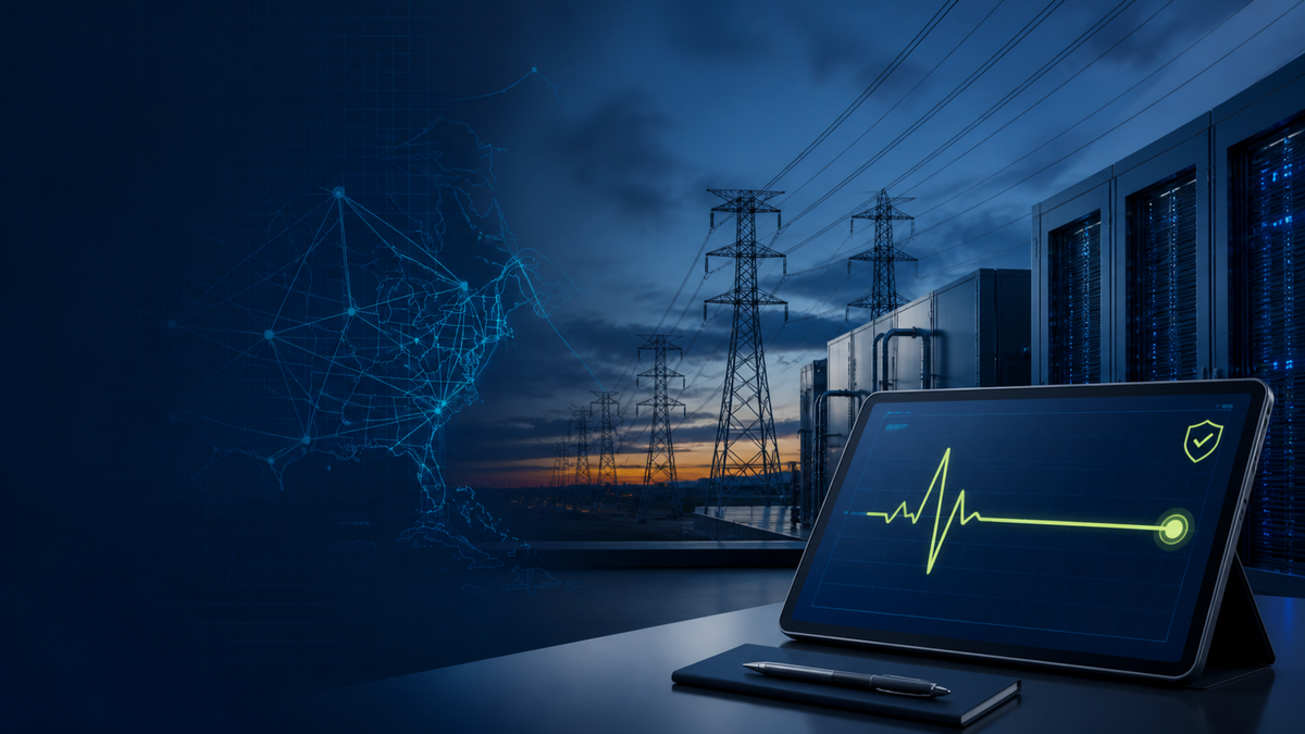 Deep-navy grid operations visual for Compliance, Data Centers, Grid Pulse, Large Loads