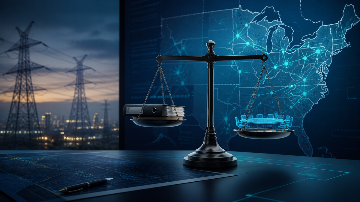 Deep-navy grid operations visual for Compliance, FERC, Grid Pulse, Markets