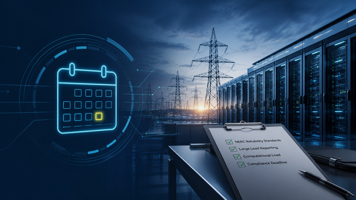 Deep-navy grid operations visual for Compliance, Data Centers, FERC, Grid Pulse