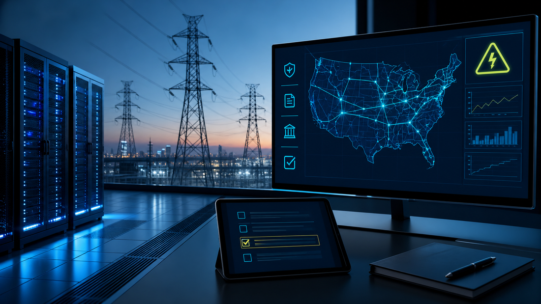 Deep-navy grid operations visual for Compliance, Data Centers, FERC, Grid Pulse