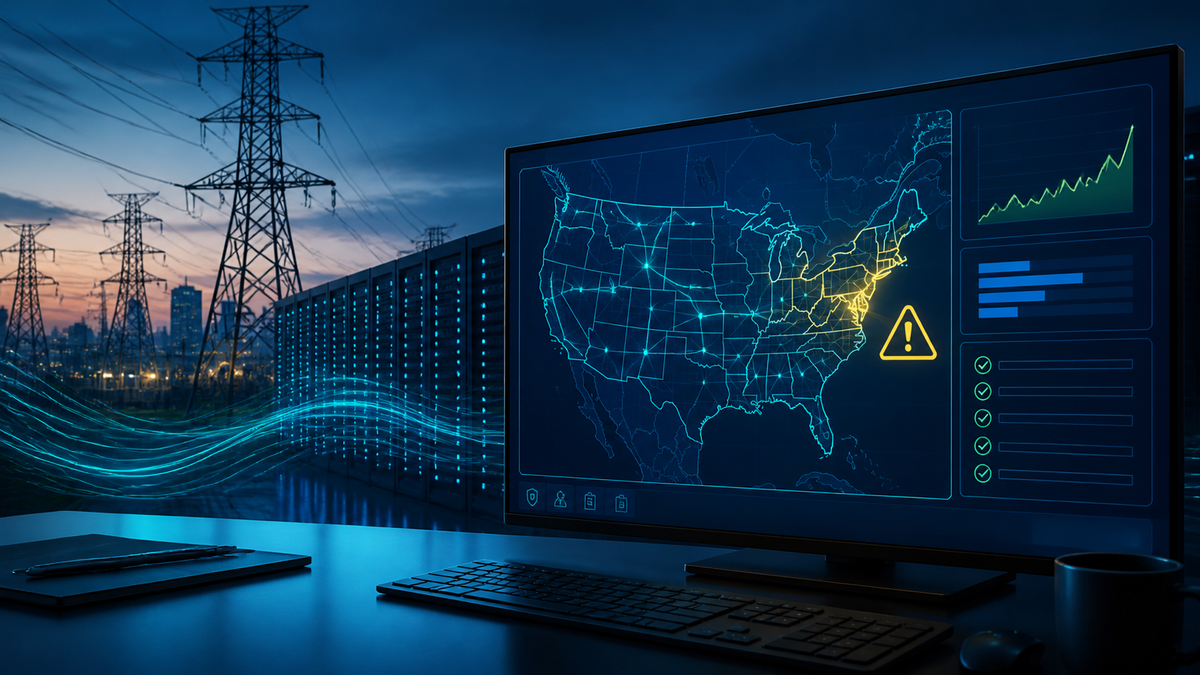 Deep-navy grid operations visual for Alerts, Compliance, Data Centers, Grid Pulse