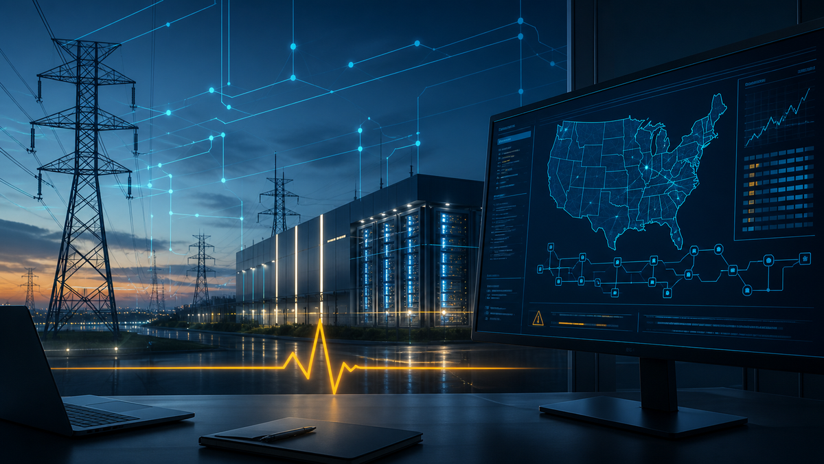 Deep-navy grid operations visual for Compliance, Data Centers, Grid Operations, Grid Pulse