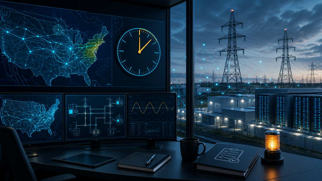 Deep-navy grid operations visual for Compliance, Data Centers, Grid Operations, Grid Pulse