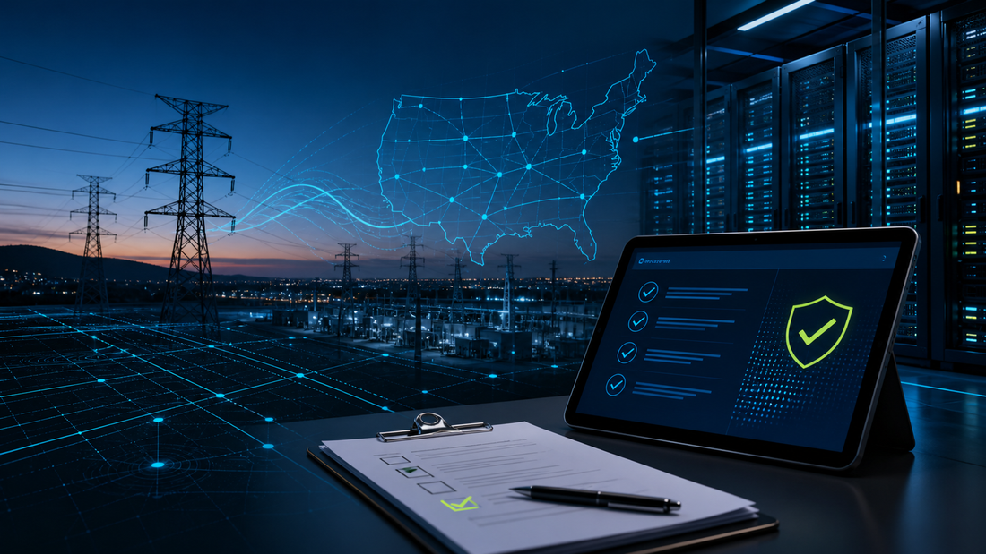 Deep-navy grid operations visual for Alerts, Compliance, Data Centers, Grid Pulse