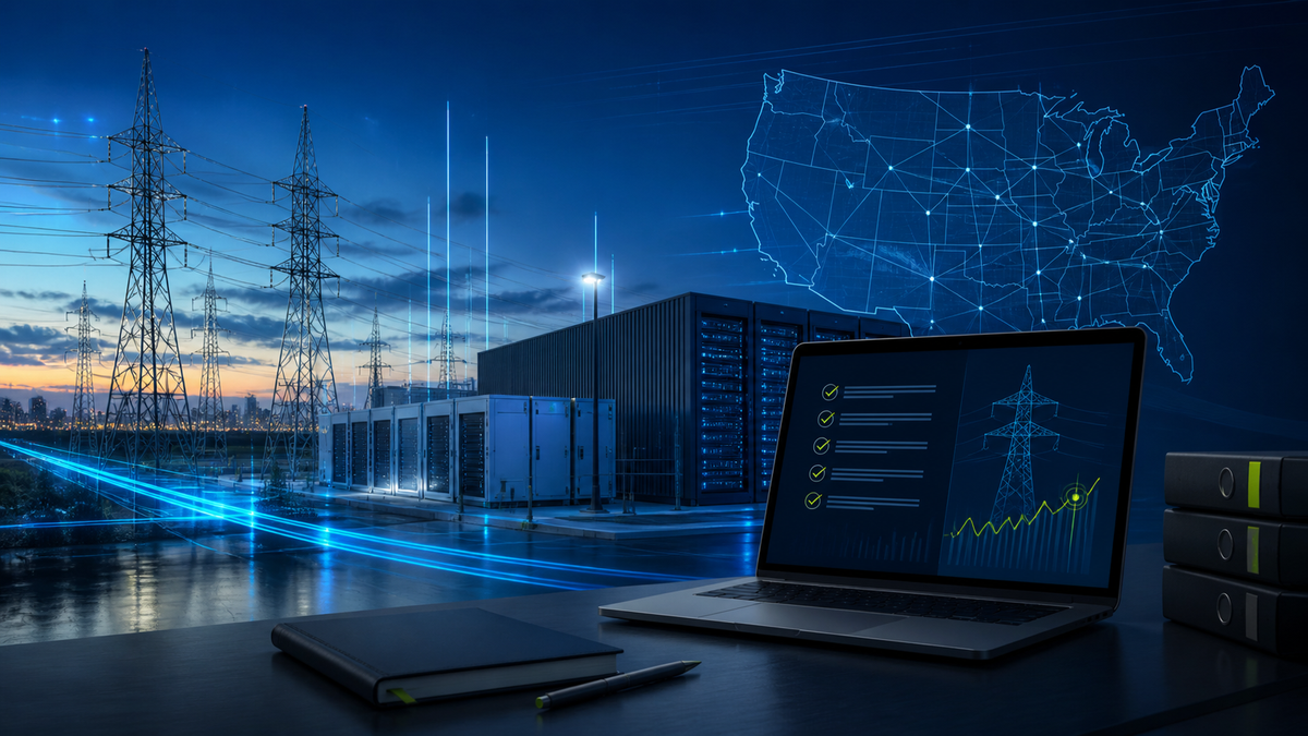 Deep-navy grid operations visual for Compliance, Data Centers, Grid Pulse, Large Loads