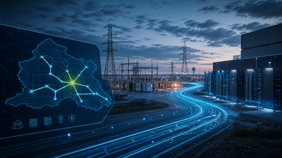 Deep-navy grid operations visual for Cooperatives, Data Centers, DOE, Grid Pulse