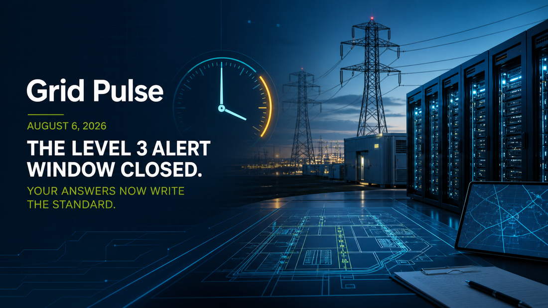 Deep-navy grid operations visual for Compliance, Data Centers, Grid Pulse, Large Loads