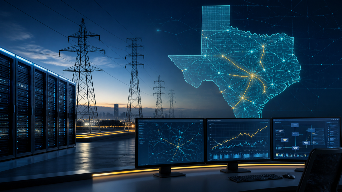 Deep-navy grid operations visual for Data Centers, ERCOT, Grid Pulse, Interconnection