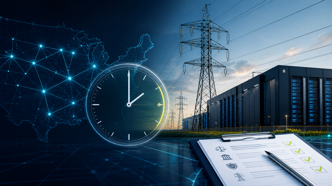 Deep-navy grid operations visual for Compliance, Data Centers, FERC, Grid Pulse