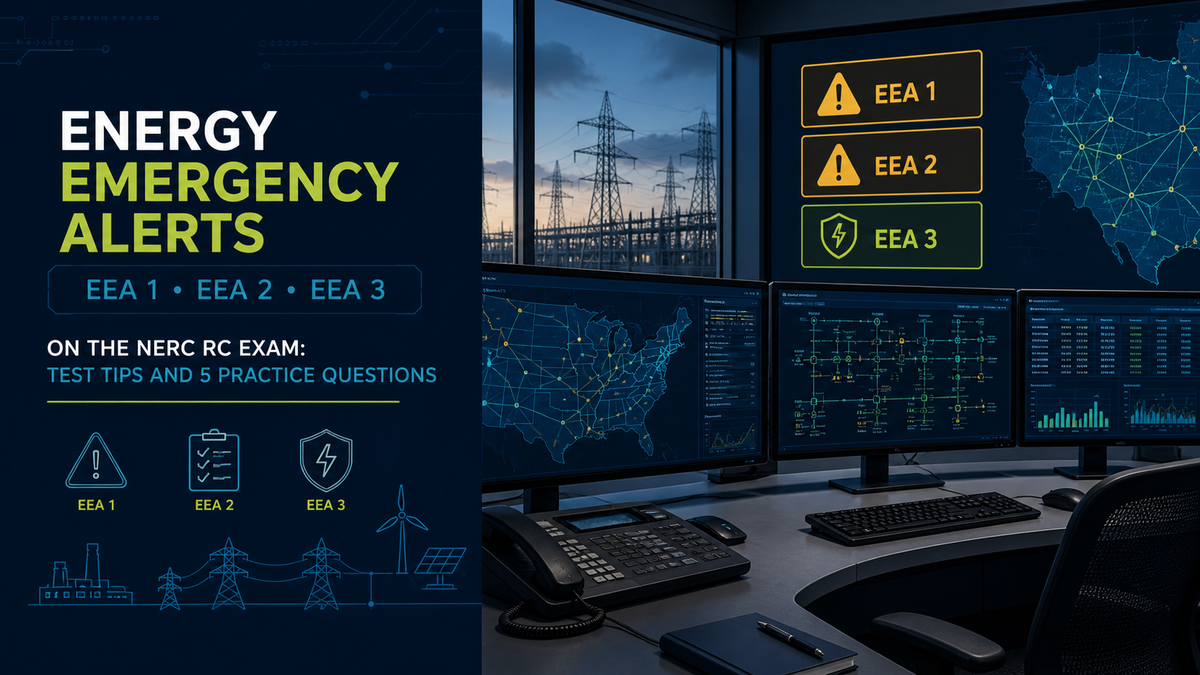 Deep-navy control-room study visual for EEA, Emergency Operations, Energy Emergency Alert, EOP-011