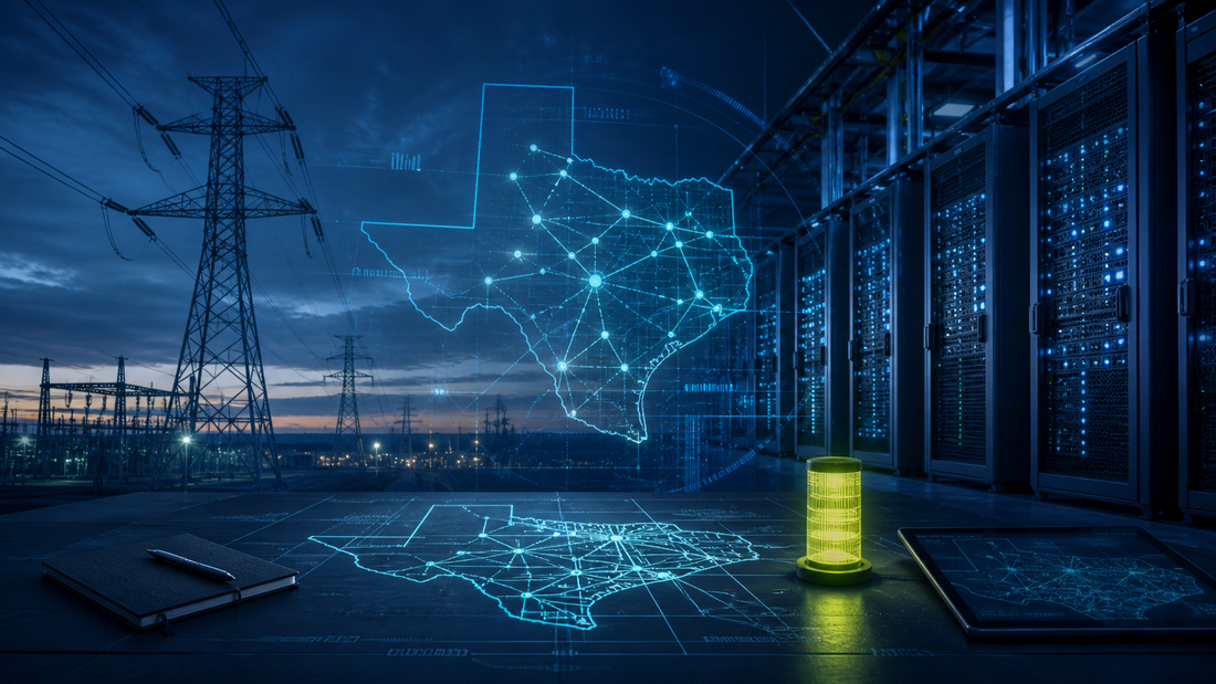 Deep-navy grid operations visual for Data Centers, ERCOT, Grid Pulse, Interconnection