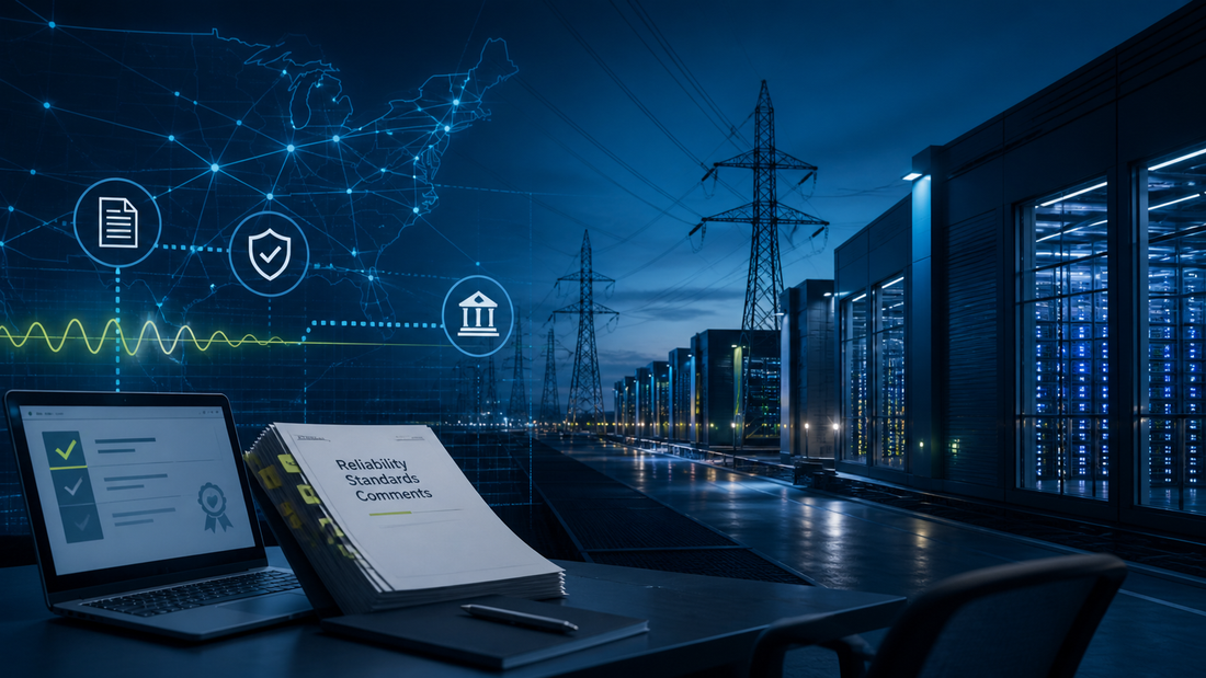 Deep-navy grid operations visual for Compliance, Data Centers, FERC, Grid Pulse