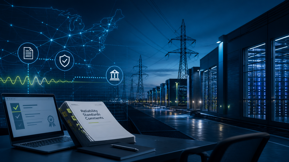 Deep-navy grid operations visual for Compliance, Data Centers, FERC, Grid Pulse