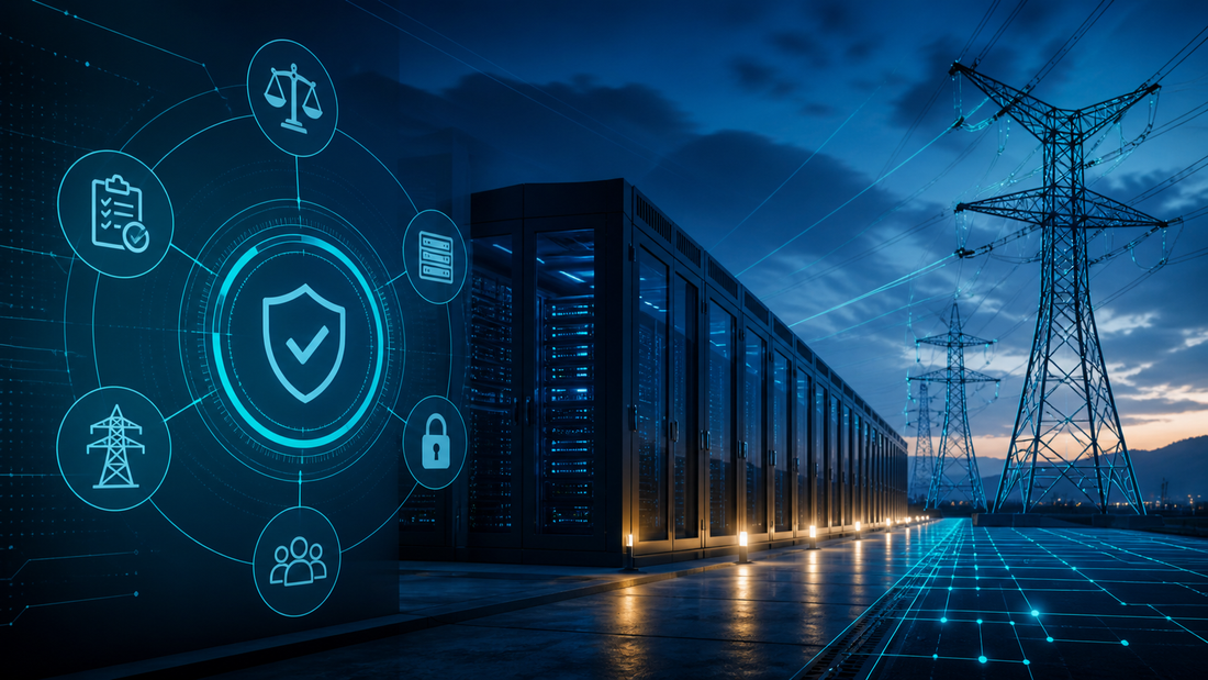 Deep-navy grid operations visual for Compliance, Data Centers, FERC, Grid Pulse