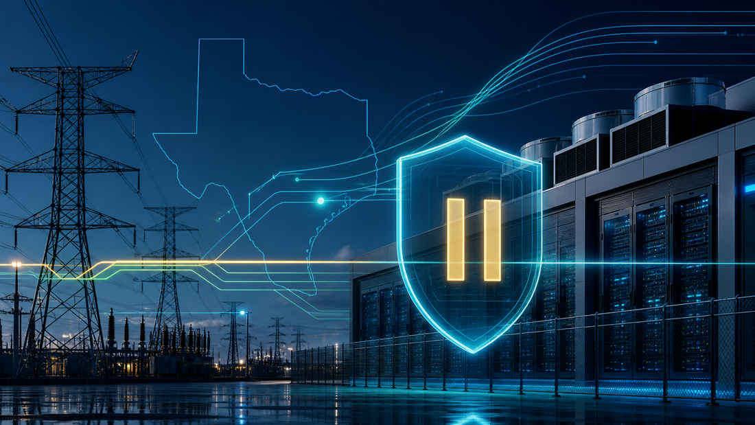 Deep-navy grid operations visual for Data Centers, ERCOT, Grid Pulse, Interconnection