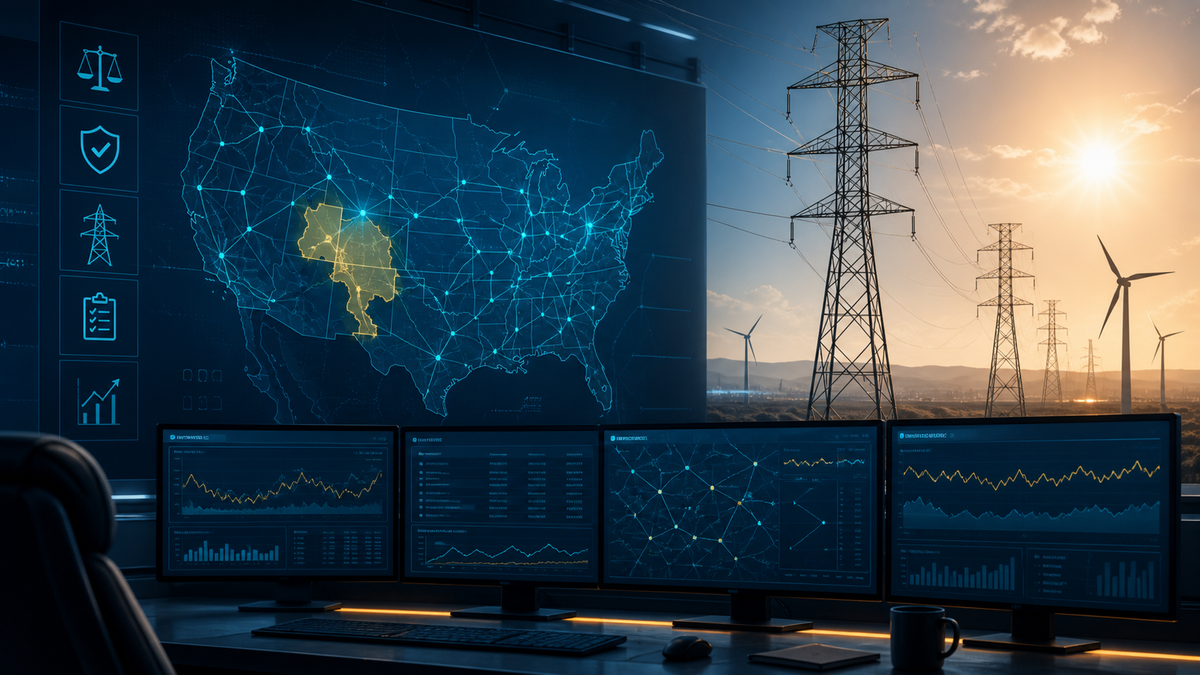 Deep-navy grid operations visual for Balancing Authority, Grid Pulse, Reliability, Resource Adequacy