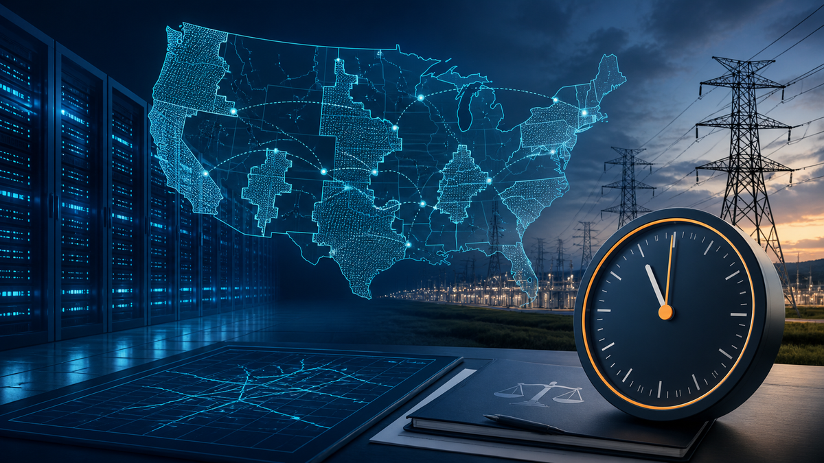 Deep-navy grid operations visual for Compliance, Data Centers, FERC, Grid Pulse
