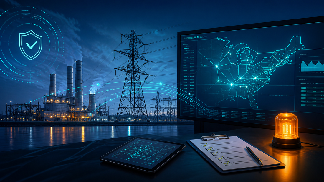Deep-navy grid operations visual for Compliance, DOE, Emergency Orders, Grid Pulse
