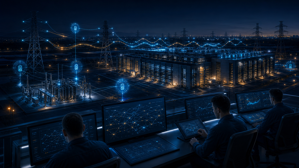 Large data-center campus connected to a monitored bulk-power transmission network
