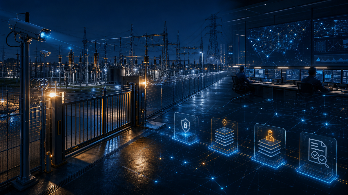 Secured electric substation and utility control center with layered physical and cyber protections