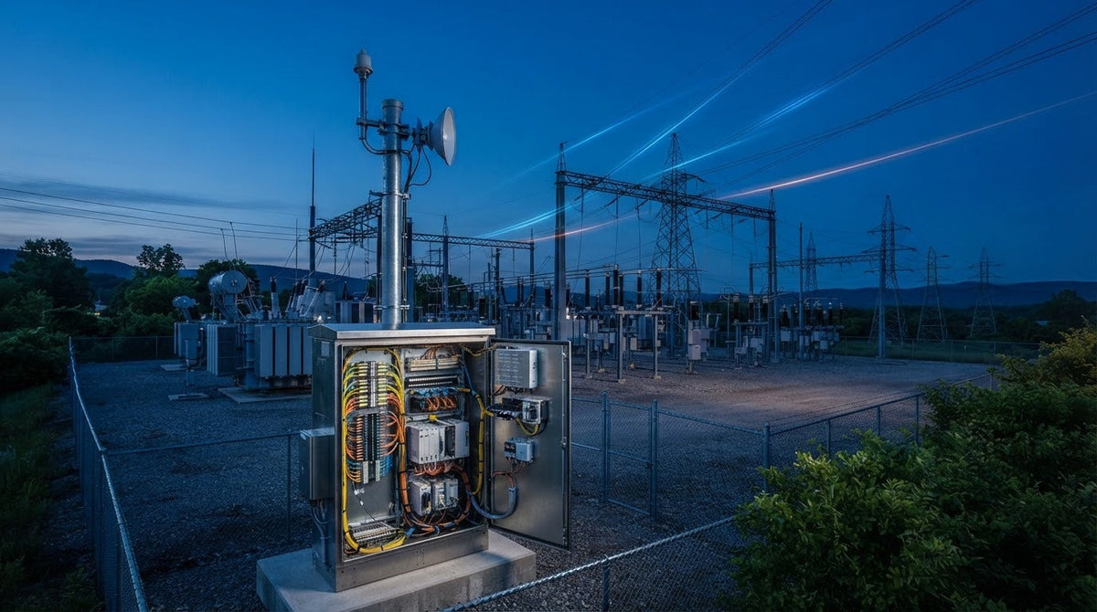 Substation at dusk with an open telemetry cabinet, antenna and microwave dish beside transformers and transmission towers