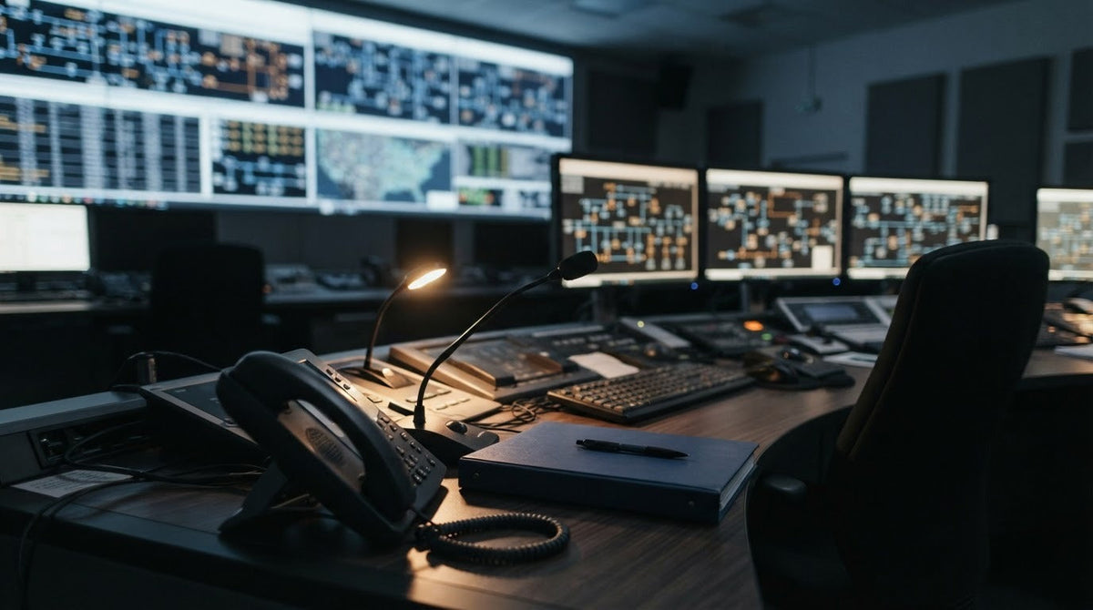 Grid operator console with a desk phone, gooseneck microphone and operating log binder in front of network display screens
