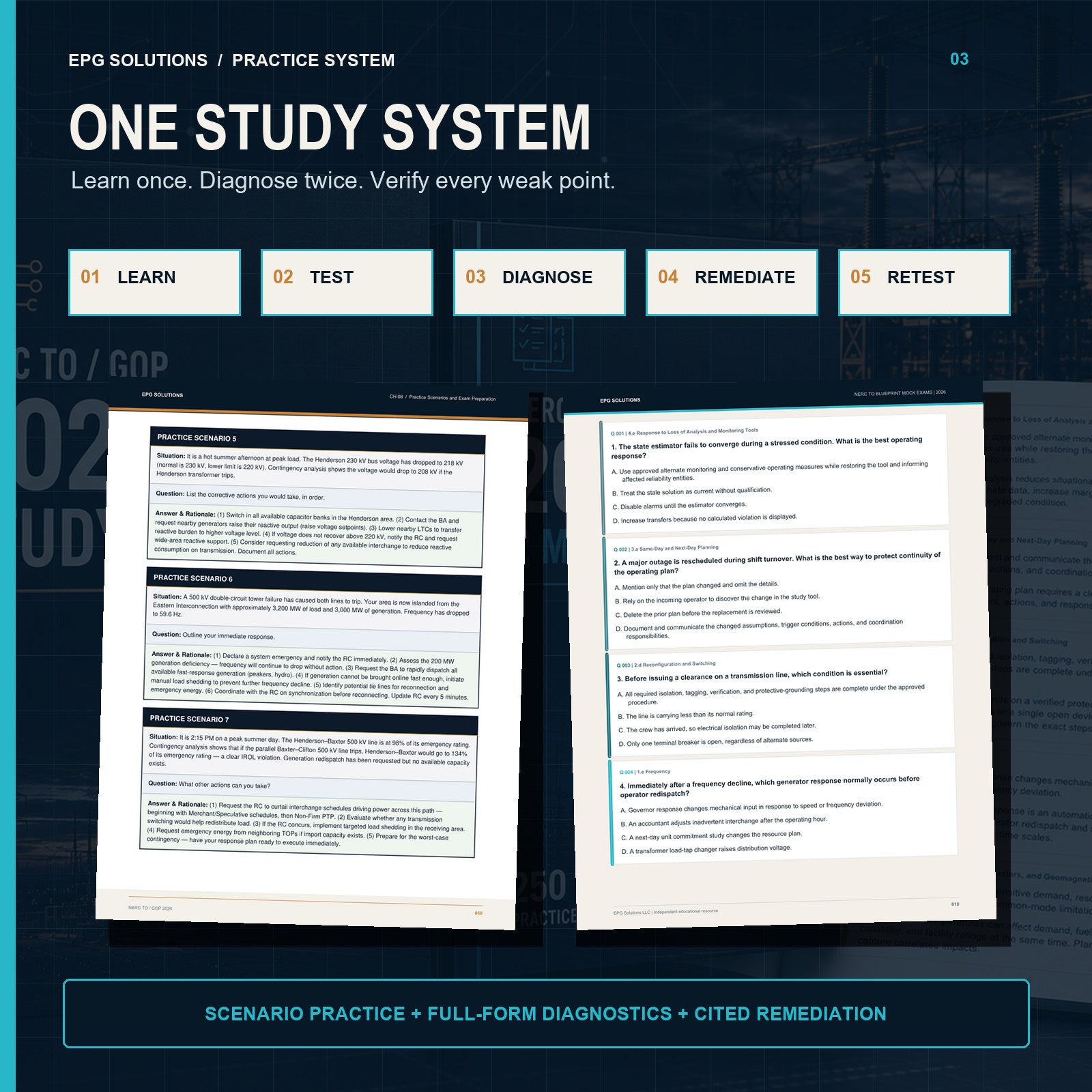Learn, test, diagnose, remediate, and retest workflow for the NERC TO 2026 study bundle.