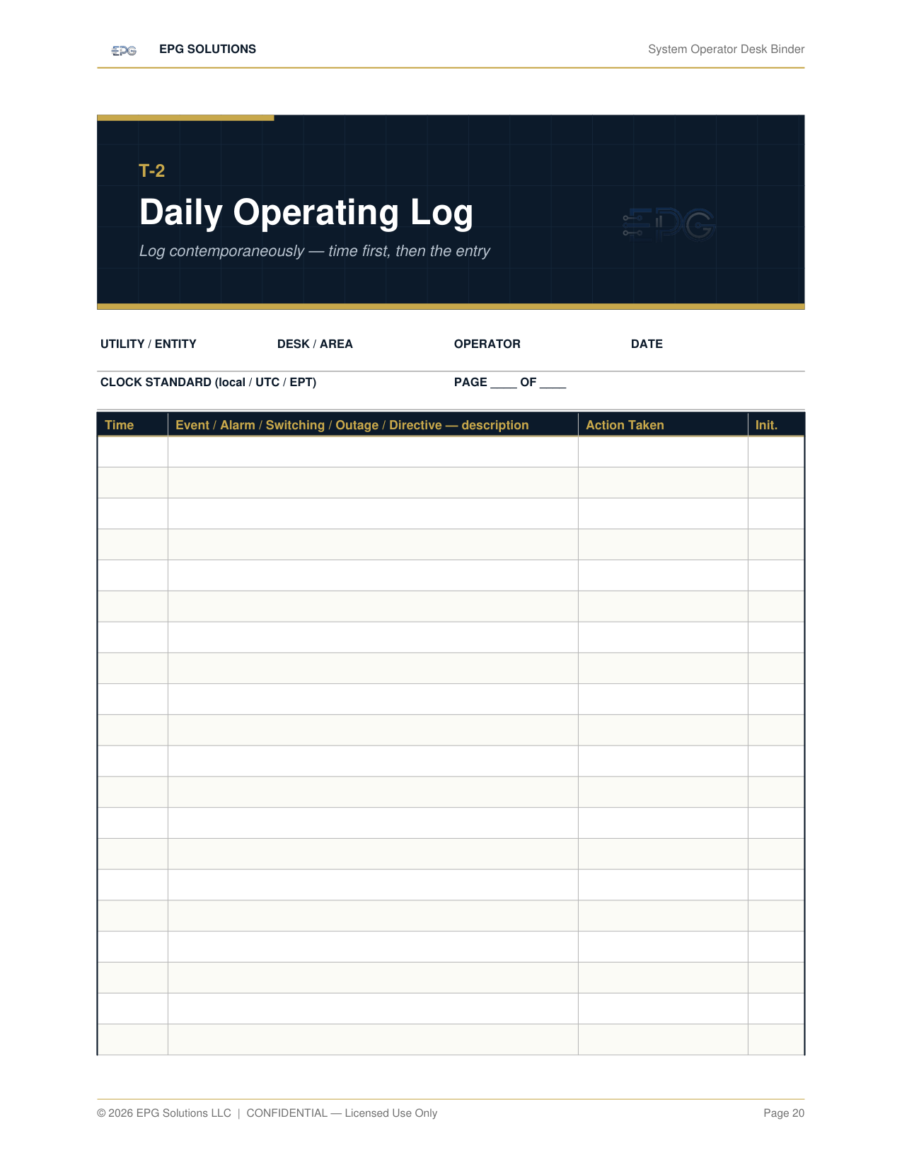 Daily operating log template preview