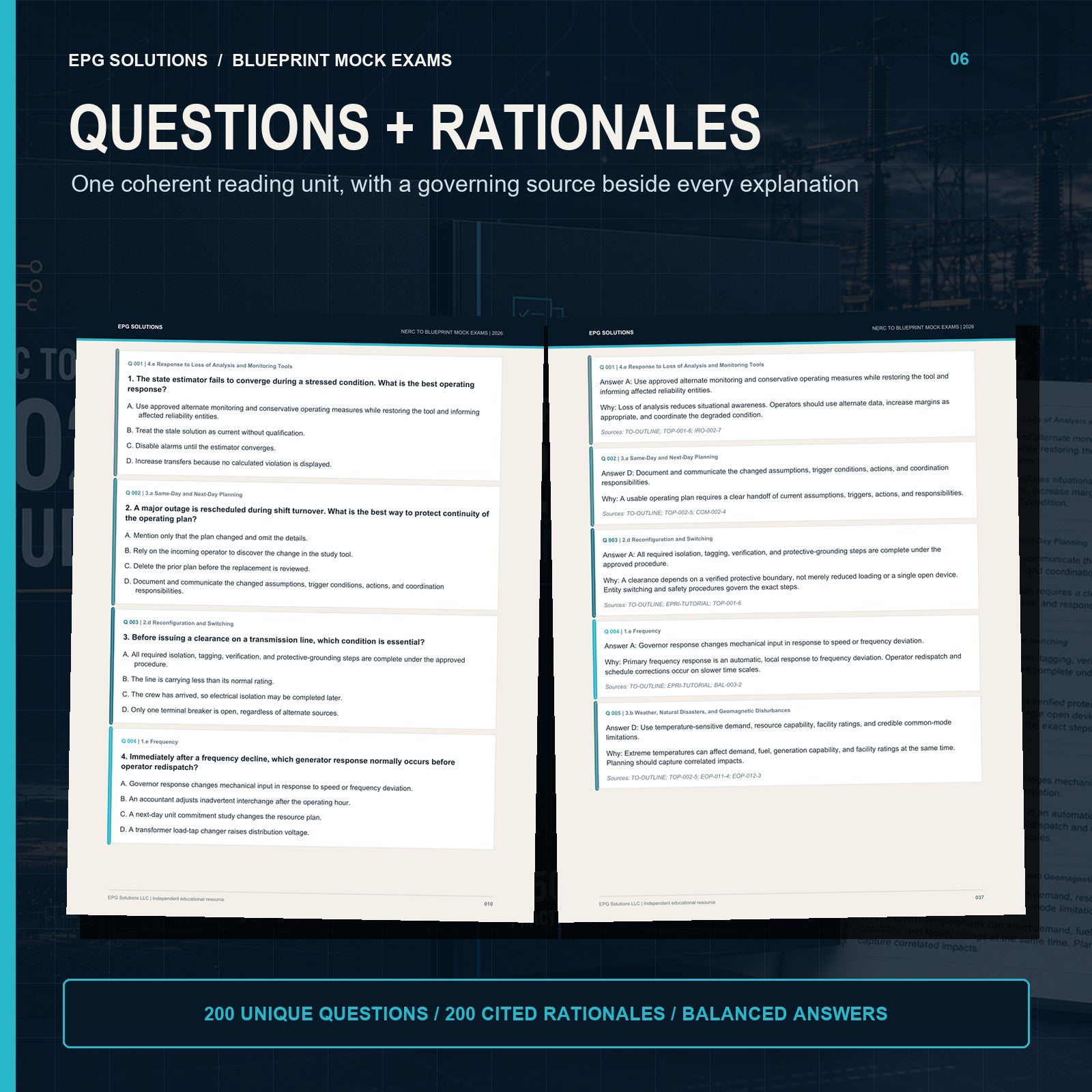Readable NERC TO mock-exam question page beside its source-cited rationale page.