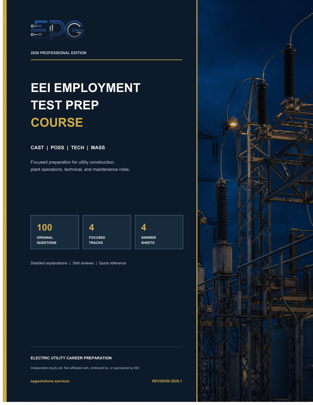 Navy and gold EPG Solutions EEI Prep Course cover for CAST, POSS, TECH, and MASS.