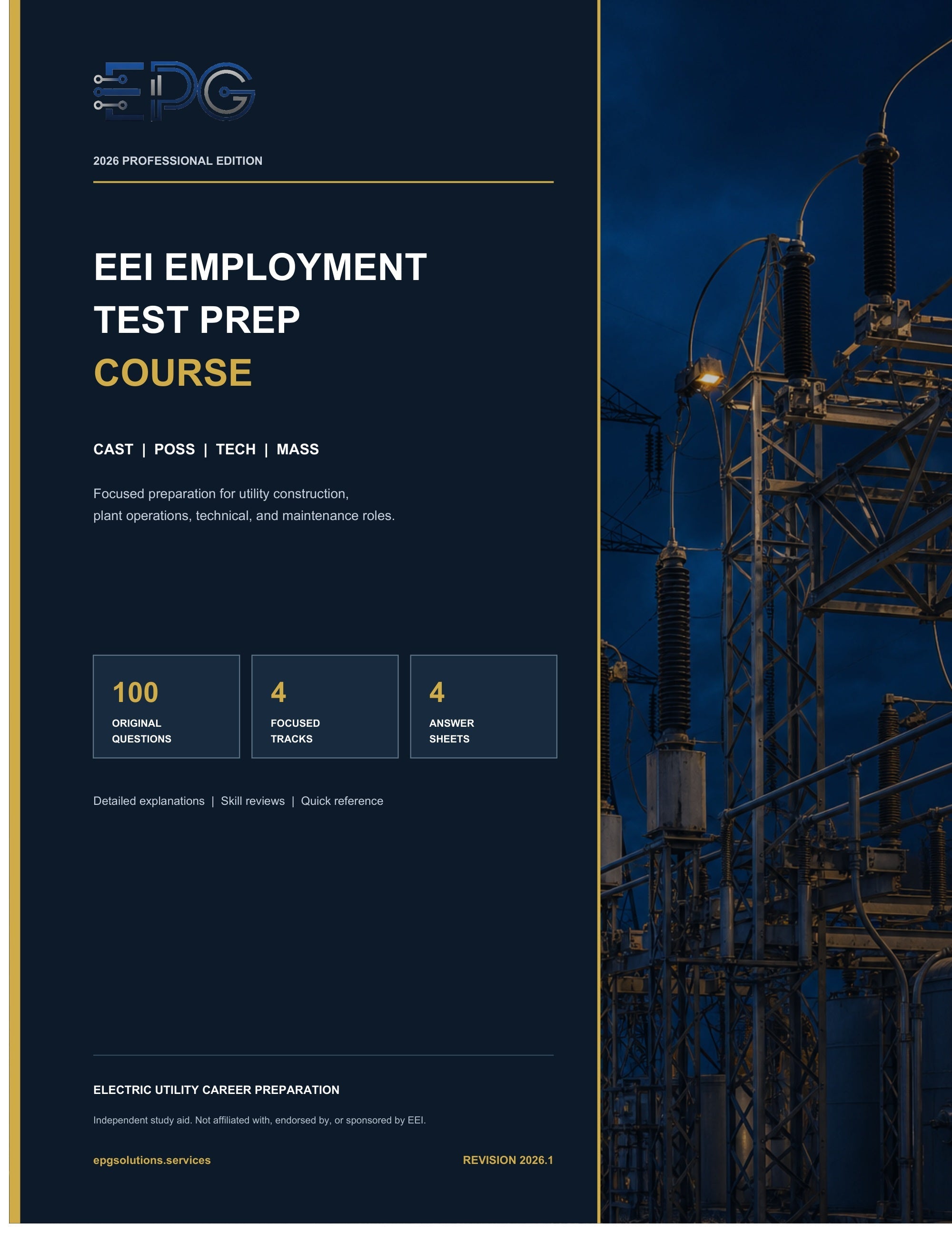 Navy and gold EPG Solutions EEI Prep Course cover for CAST, POSS, TECH, and MASS.
