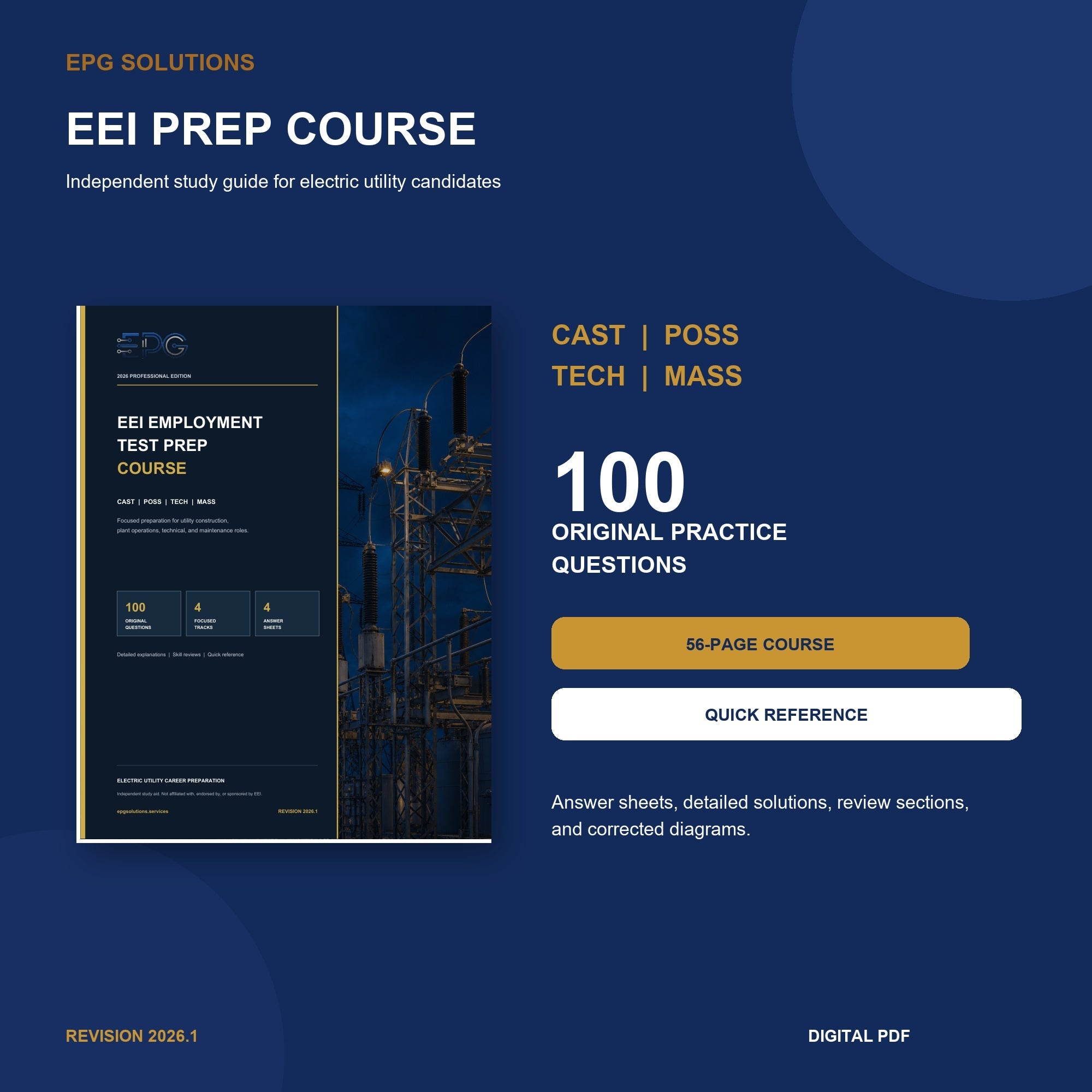 EEI Prep Course overview with CAST, POSS, TECH, MASS, 100 original questions, and printable quick-reference card.