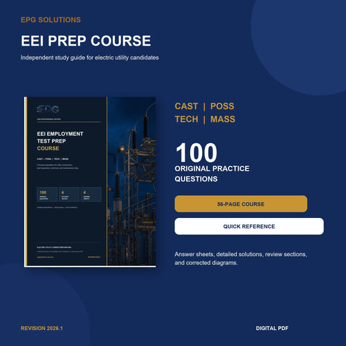 EEI Prep Course overview with CAST, POSS, TECH, MASS, 100 original questions, and printable quick-reference card.