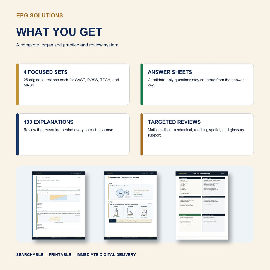 What's included in the EEI Prep Course: focused practice sets, answer sheets, detailed explanations, review sections, and diagrams.