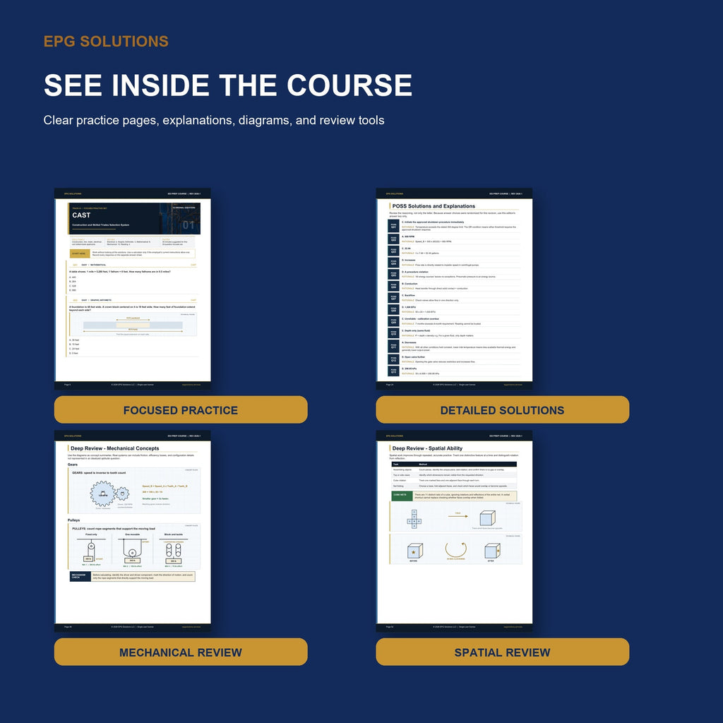 Sample inside pages from the EEI Prep Course showing practice questions, mechanical review, reading review, and spatial diagrams.