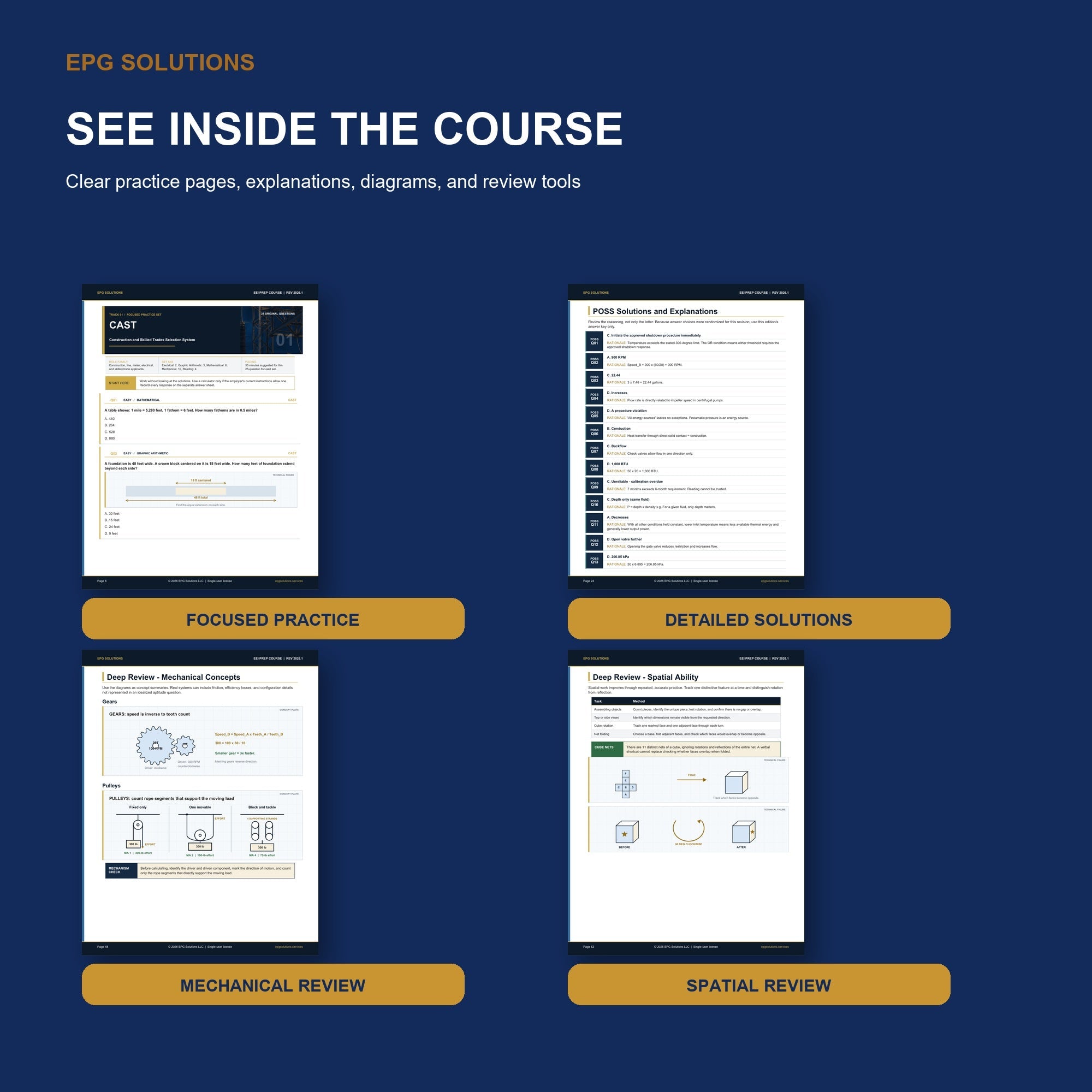 Sample inside pages from the EEI Prep Course showing practice questions, mechanical review, reading review, and spatial diagrams.
