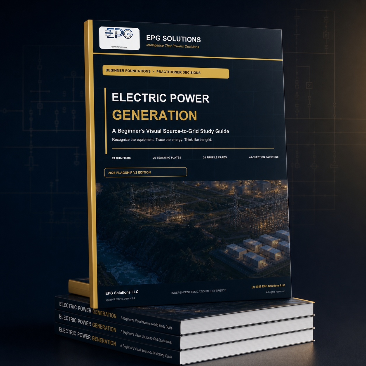 Square mockup of the EPG Electric Power Generation Study Guide with navy and gold cover