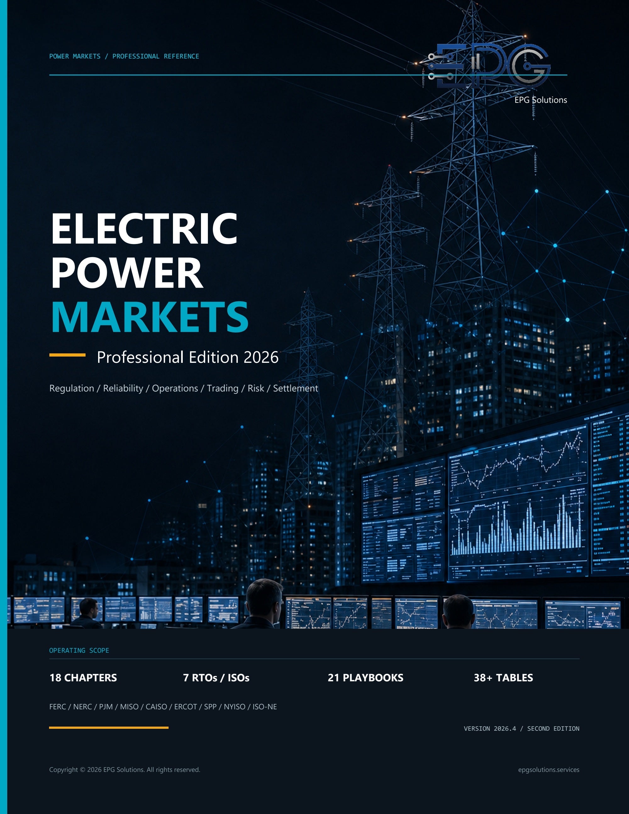 Electric Power Markets Professional Edition 2026 cover featuring transmission towers and a market operations center.