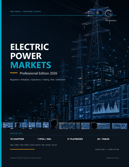 Electric Power Markets Professional Edition 2026 cover featuring transmission towers and a market operations center.