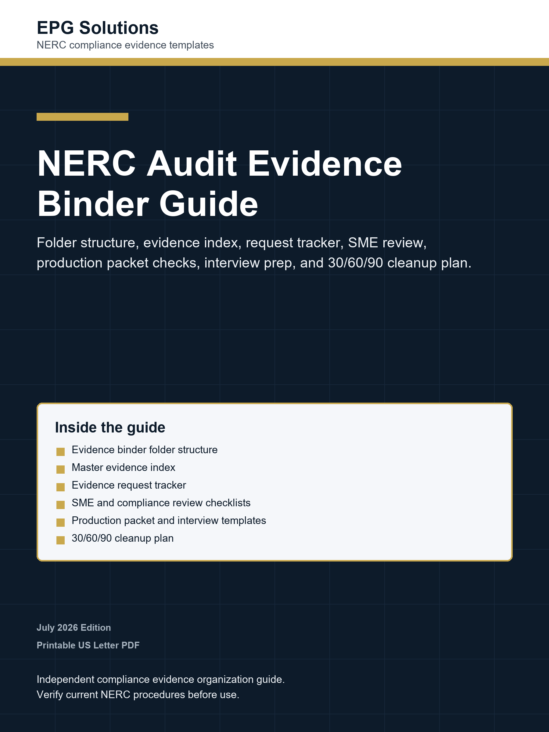NERC Audit Evidence Binder Guide cover by EPG Solutions