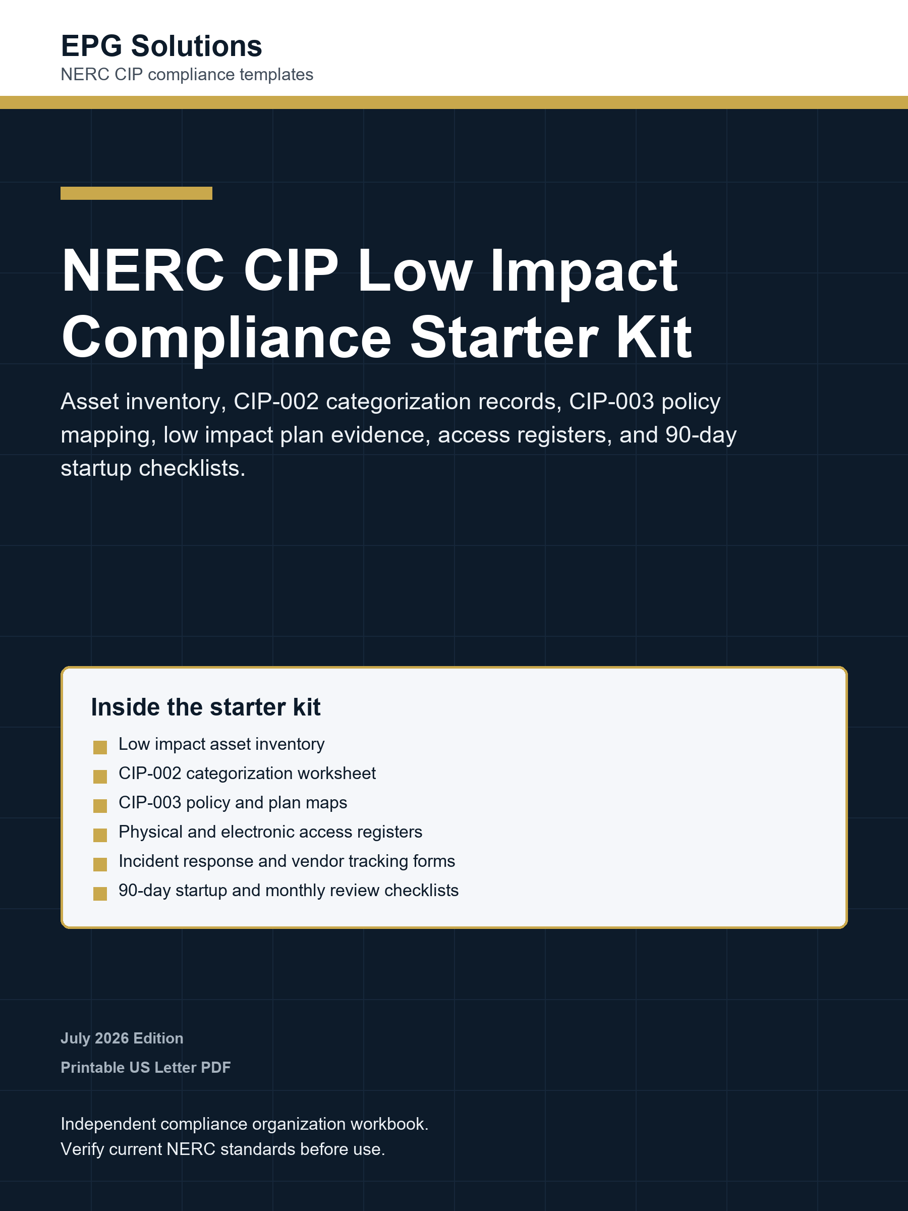 NERC CIP Low Impact Compliance Starter Kit cover by EPG Solutions
