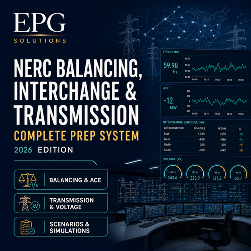 NERC BT Operator Exam Prep 2026 course cover featuring balancing, transmission, scenarios, and simulations