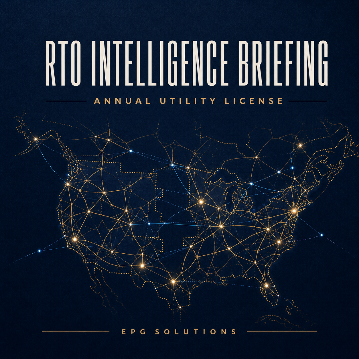 RTO Intelligence Briefing annual utility license editorial cover with an interconnected North American power-grid network