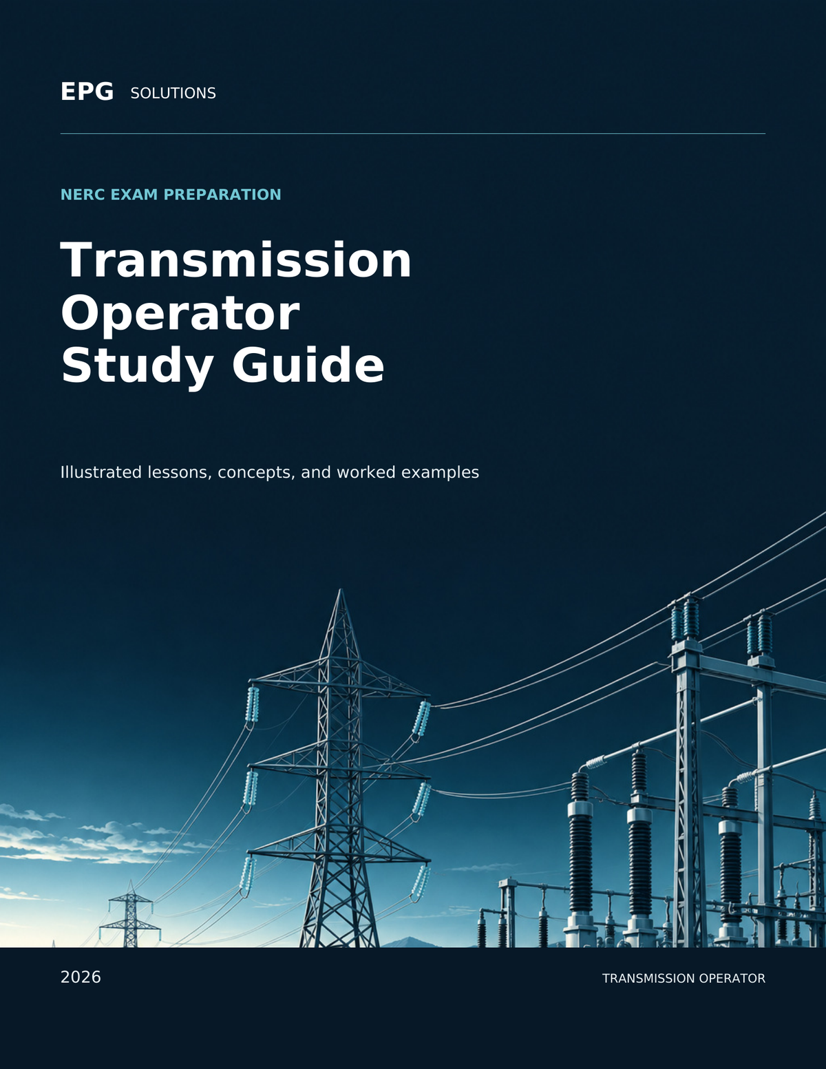 EPG Solutions 2026 NERC Transmission Operator Study Guide cover, included in the two-PDF exam prep bundle.